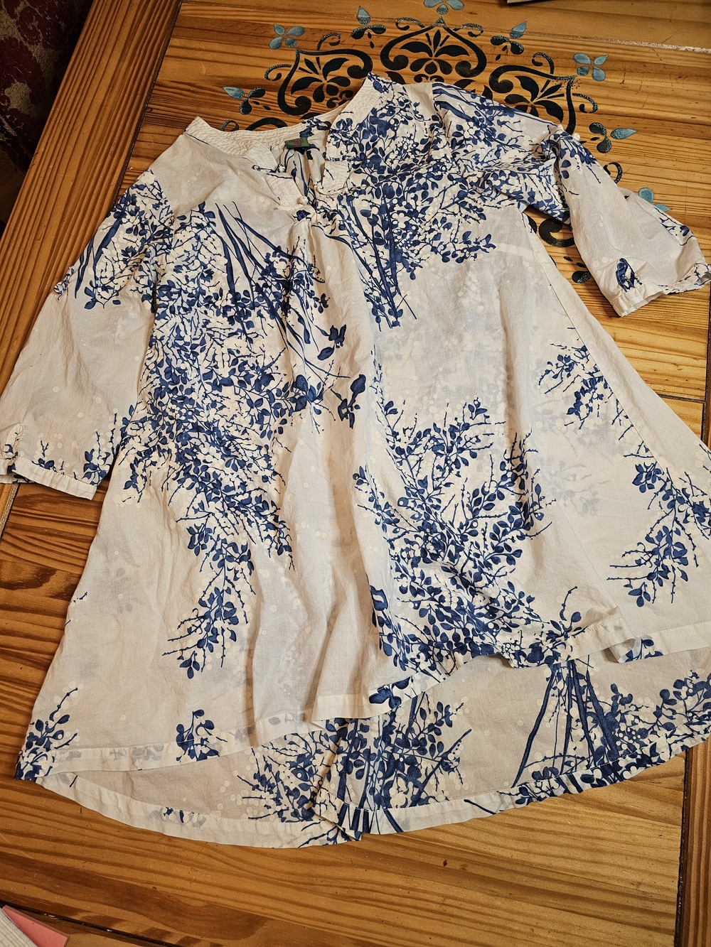 Shanghai Tang Blue & White Floral Toile Tunic Dress